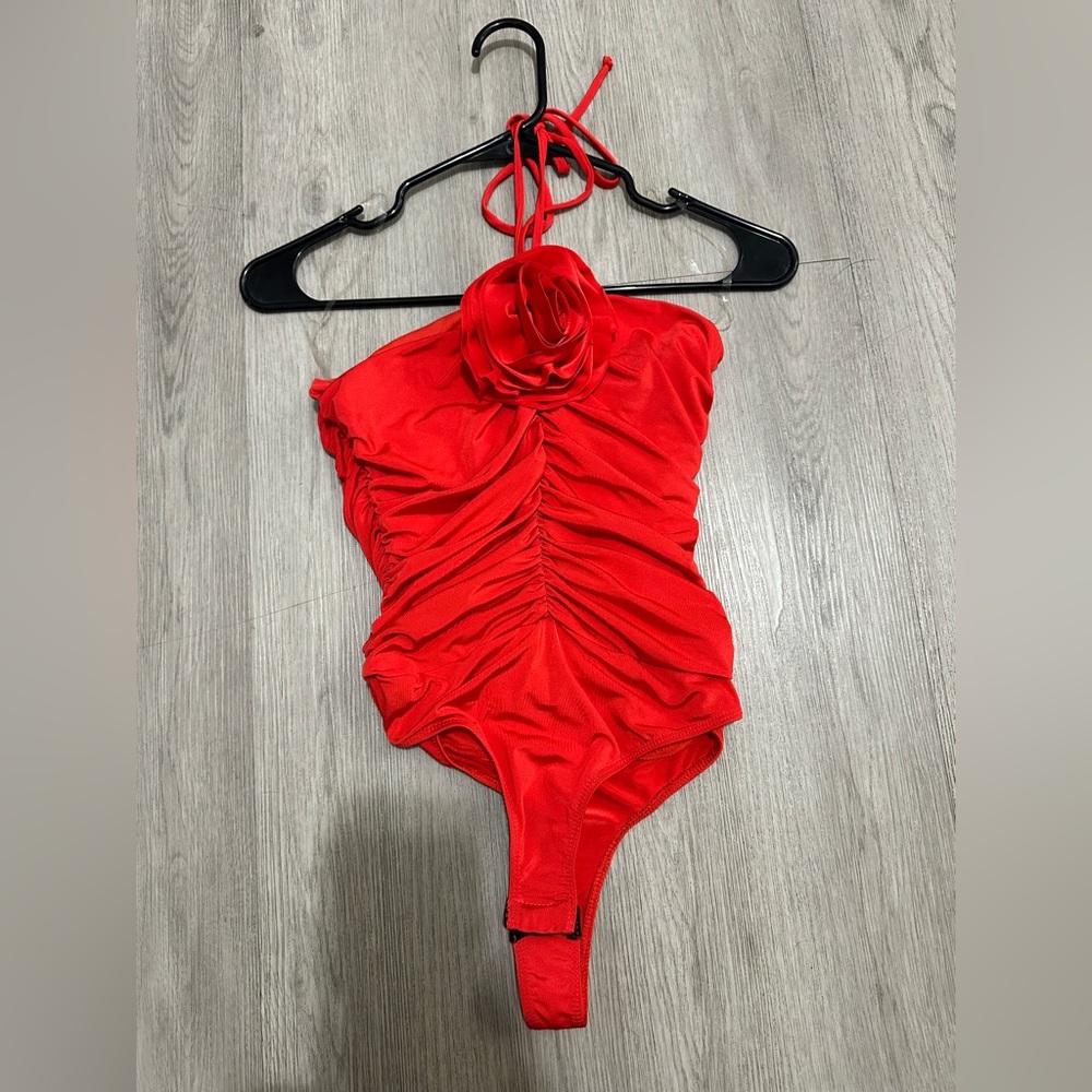 Miss Lola Red Ruched Halter Bodysuit